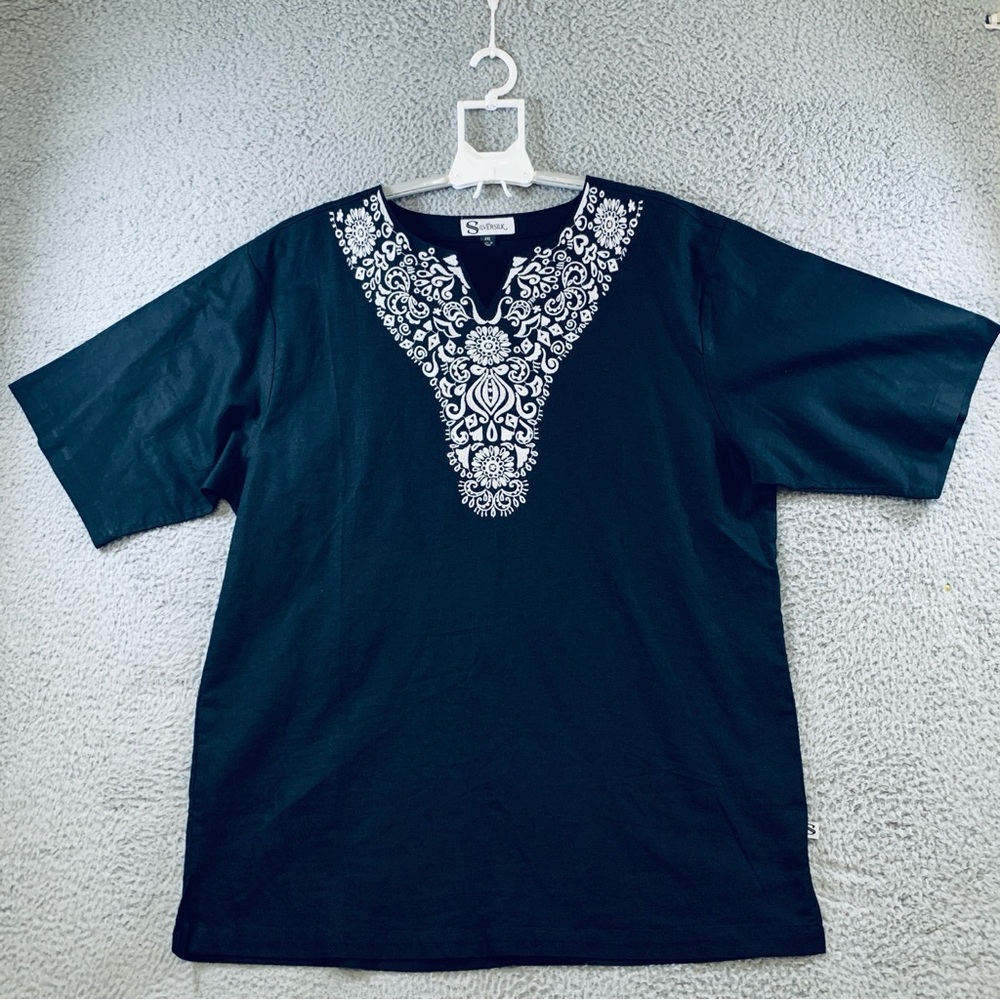 SilverSilk‎ Men's Short Sleeve Pullover Embroidered Shirt Linen Blend Black XXL